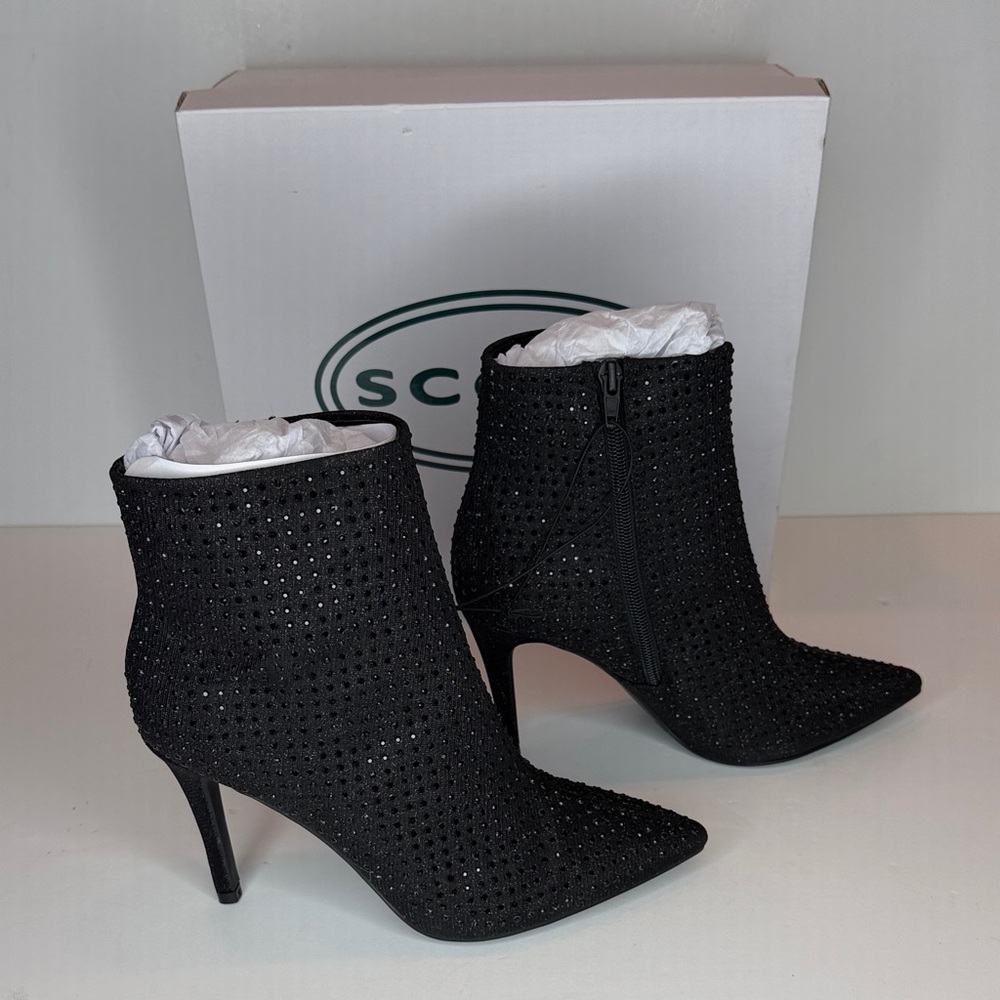 Scoop Black Rhinestone Pointed Toe Ankle Boots